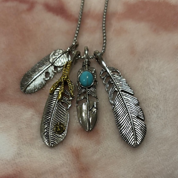 artistic creations Jewelry - Silver Feather 4 Charm Pendant Necklace with Faux Turquoise and Gold Accents NWT